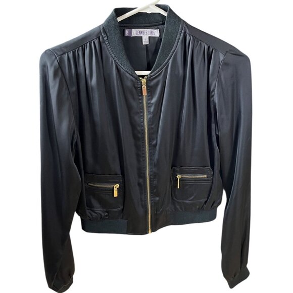 Jennifer Lopez Black Satin Zip Up Short Bomber Jacket Size 4  Mobwife Parisian - Picture 1 of 14
